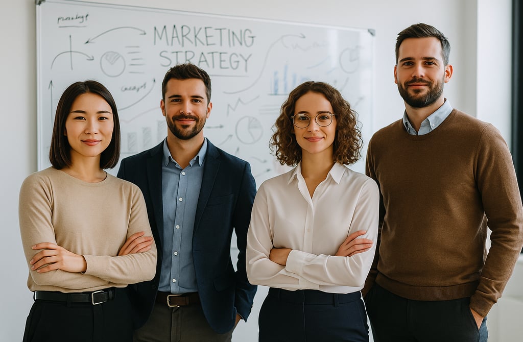 Marketing agency team in front of a whiteboard with strategy scribbles.
