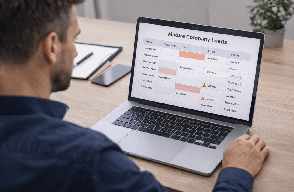 Founder reviewing mature company leads with missing data