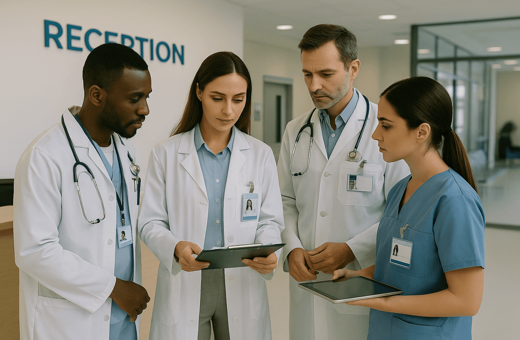 Group of medical professionals discussing work in a hospital reception