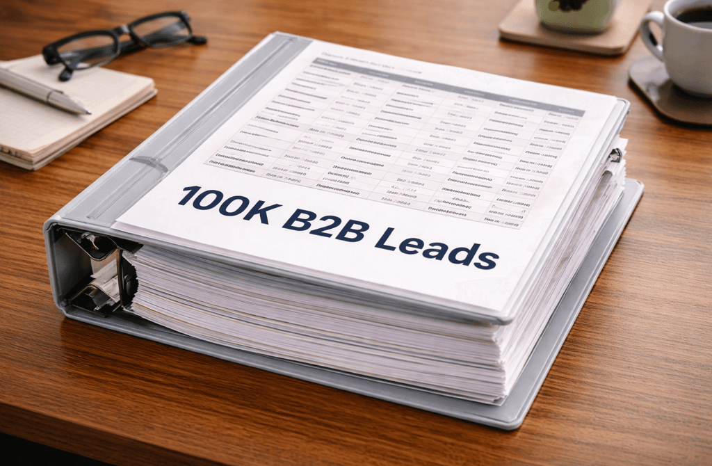 Binder labeled 100K B2B Leads showing printed lead records
