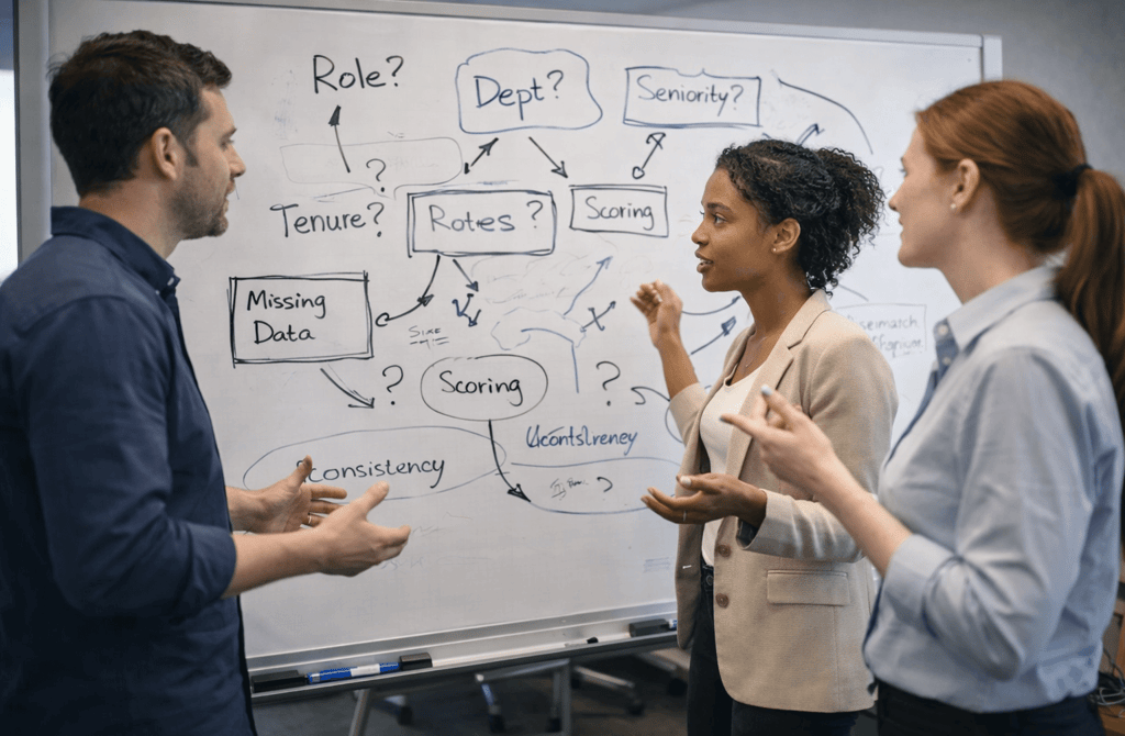 SDR team discussing metadata gaps on a whiteboard in a meeting room