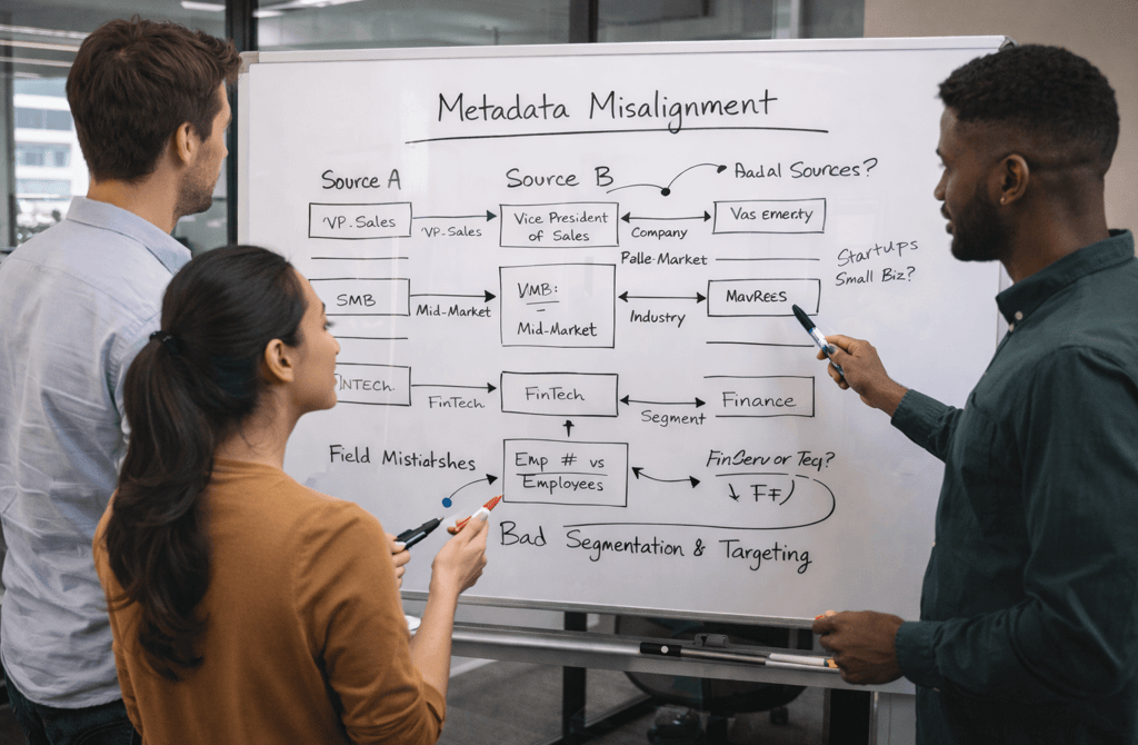Diverse SDR team discussing metadata misalignment on a whiteboard