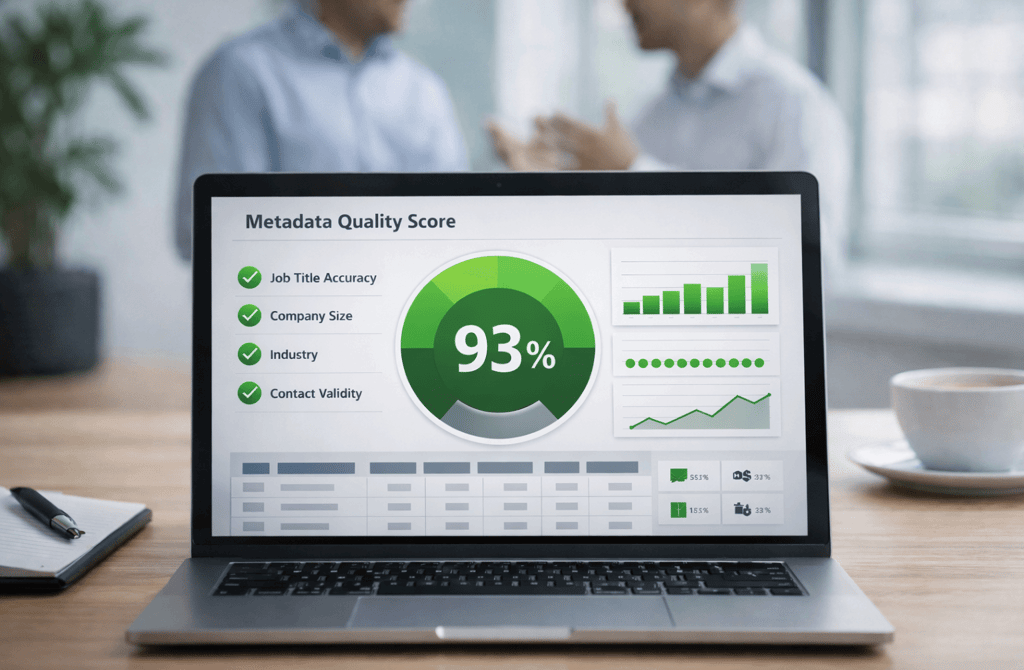 High metadata quality score dashboard with two people talking in the background