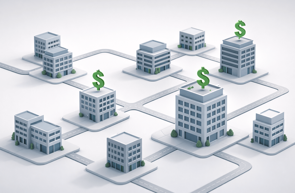 3D illustration of mid-market companies showing active buying paths