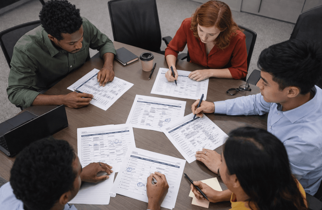 SDR team reviewing printed B2B lead sheets with missing metadata fields at a conference table