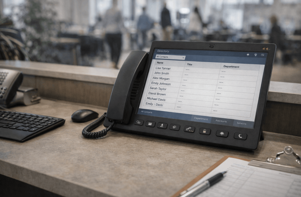 Office reception desk intercom showing missing titles and departments