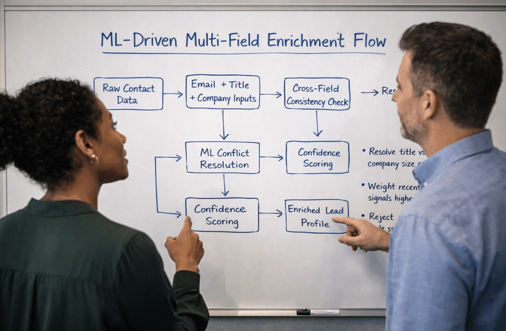 Two professionals reviewing an ML-driven data enrichment workflow on a whiteboard
