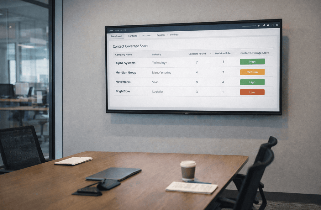 CRM contact coverage dashboard on meeting room screen
