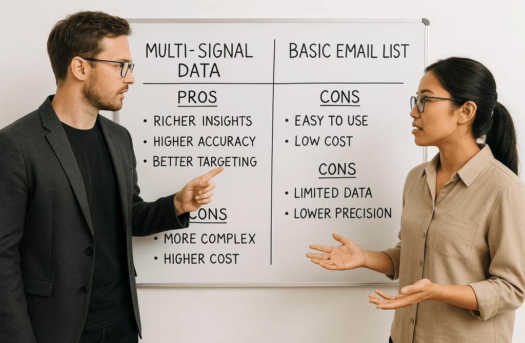 Two founders comparing multi-signal data and basic email lists on a whiteboard