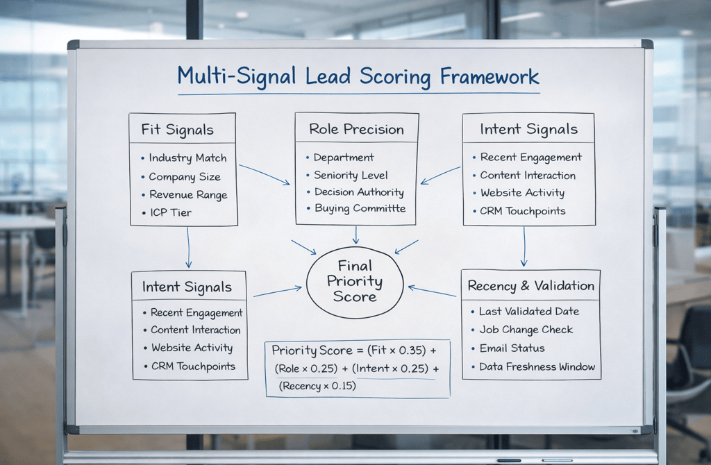 Office whiteboard showing multi-signal lead scoring framework diagram and formula