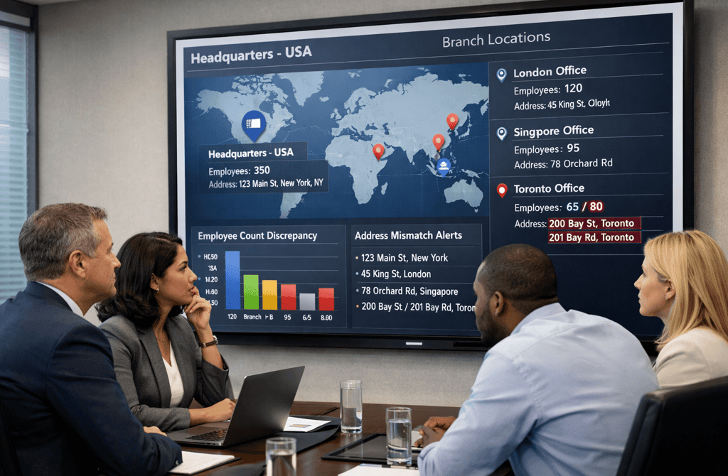 Team reviewing dashboard showing conflicting headquarters and branch data across multiple locations