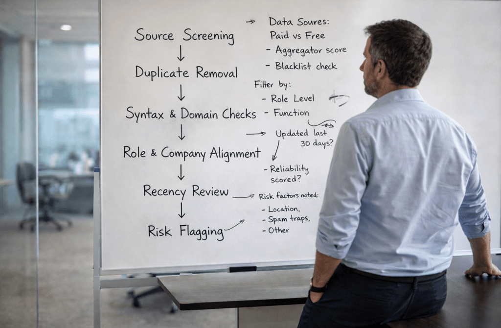 Founder reviewing a multi-step lead verification process on a whiteboard