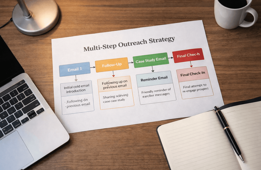 printed multi step outreach email flowchart on desk