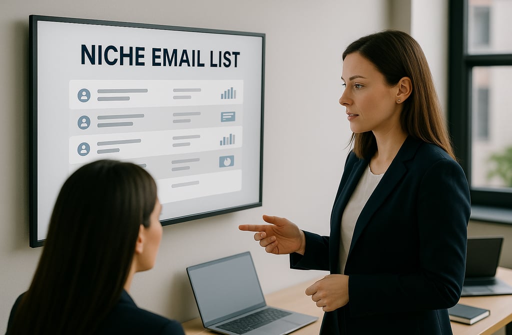 Two women founders reviewing a niche email list on a board