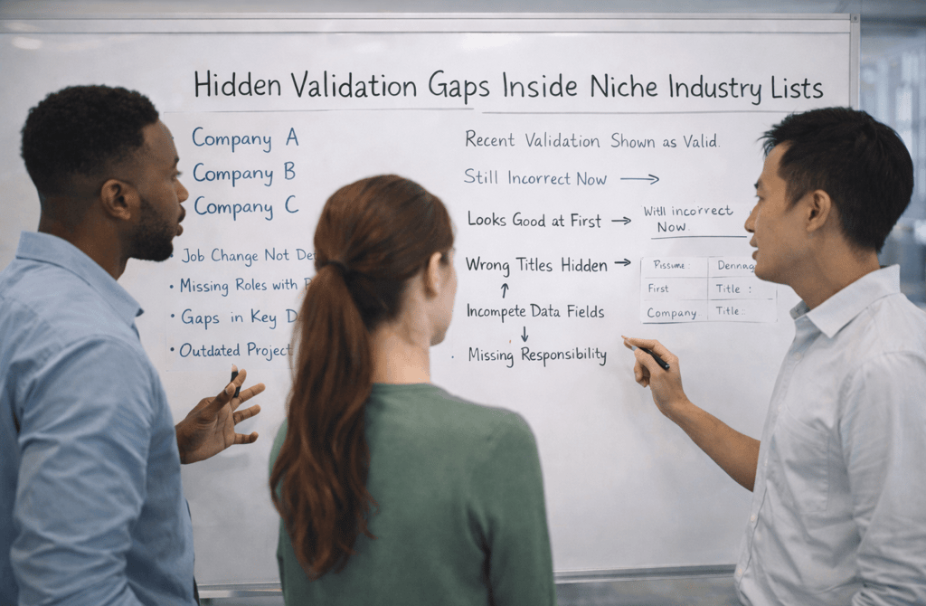 SDR team discussing validation gaps on a whiteboard