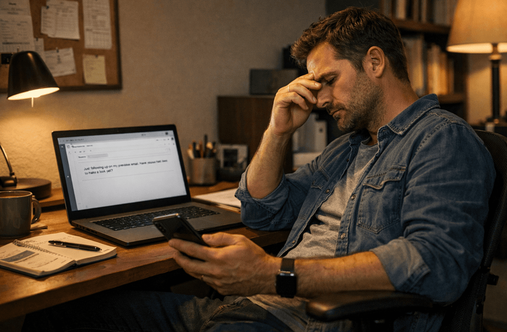 Founder stressed with empty inbox after outreach