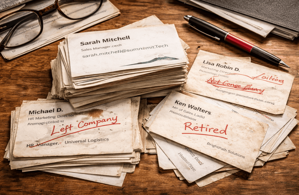 stack of old business cards marked left company and retired