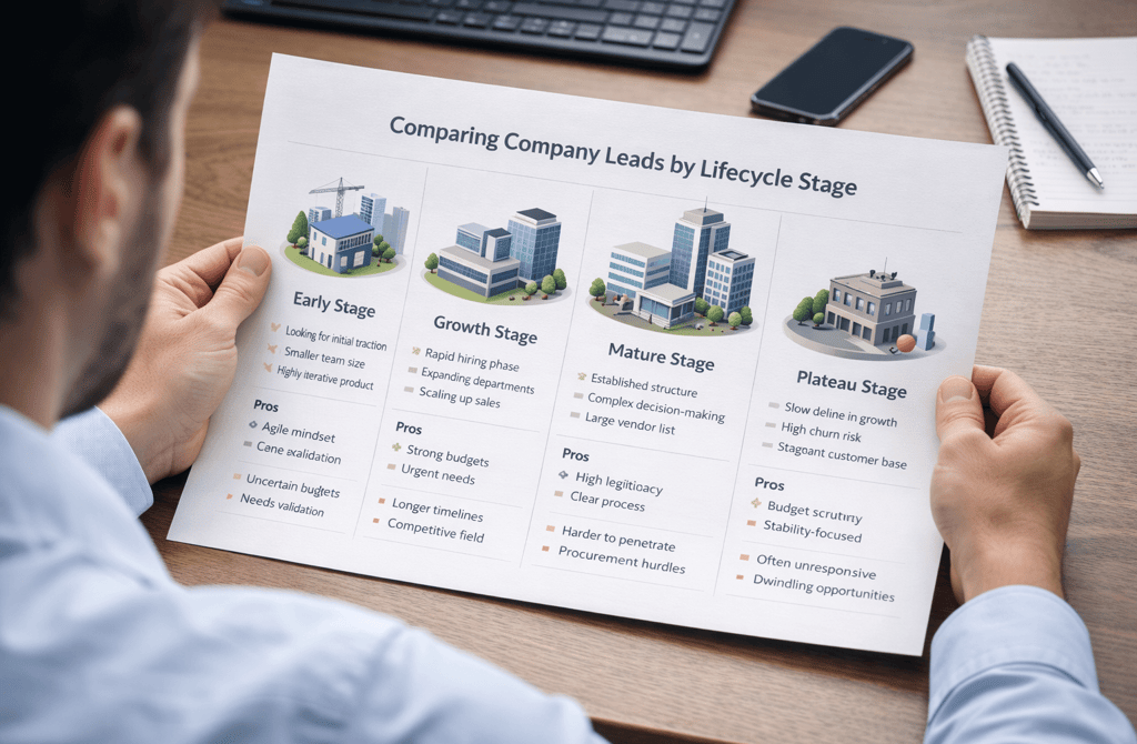 Founder comparing leads by company lifecycle stage on desk