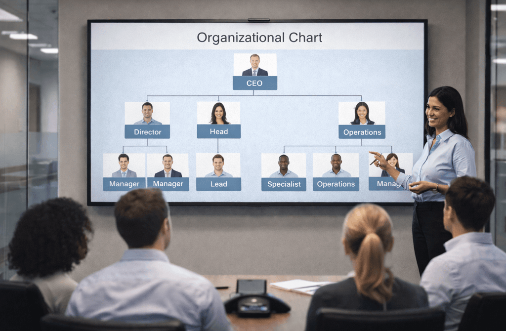 HR onboarding presenting an organizational chart
