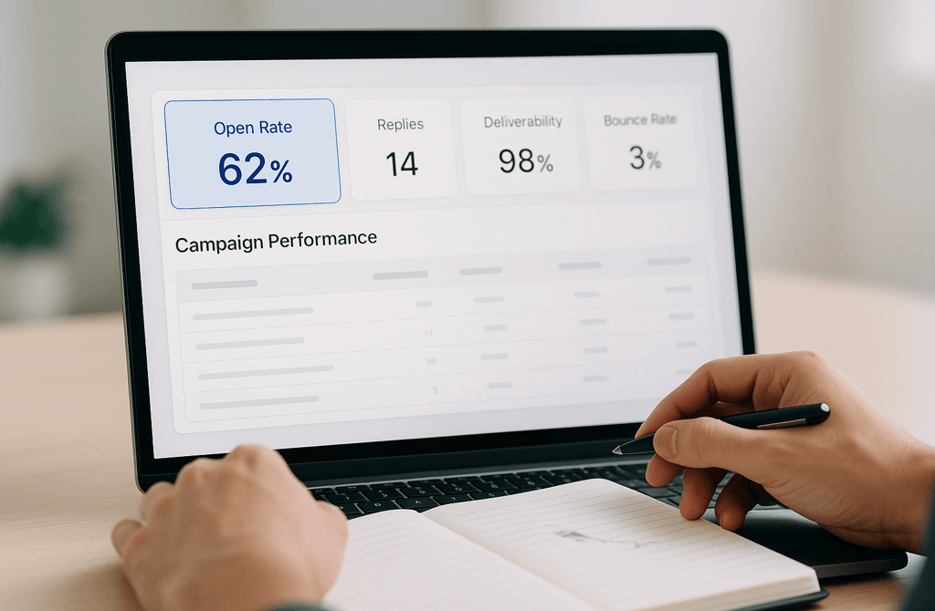 Hands reviewing a SaaS email dashboard with a highlighted 62% open rate.