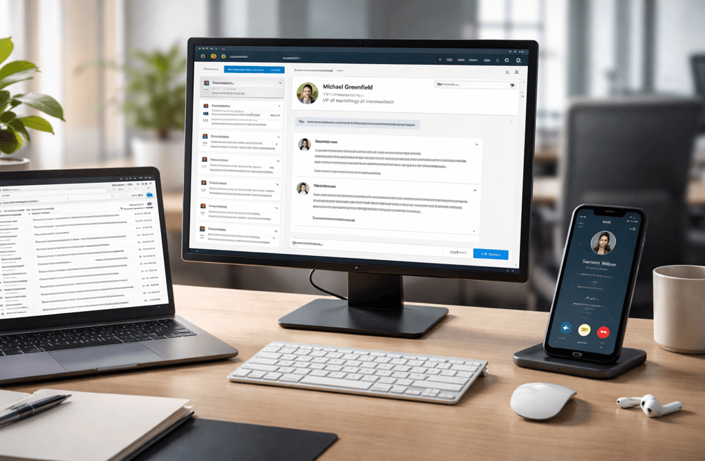 Realistic workspace showing email, LinkedIn messaging, and phone call outbound channels side by side