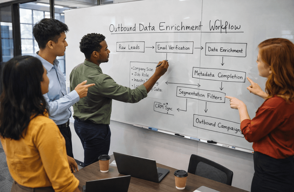 team planning outbound data enrichment workflow on whiteboard