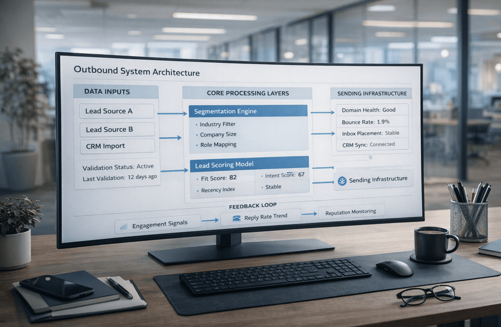 Outbound system architecture dashboard on widescreen monitor