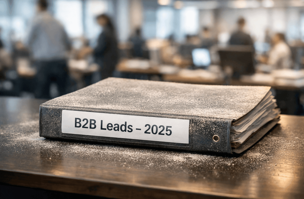 Dusty folder labeled “B2B Leads 2025” on a desk in a blurred modern office