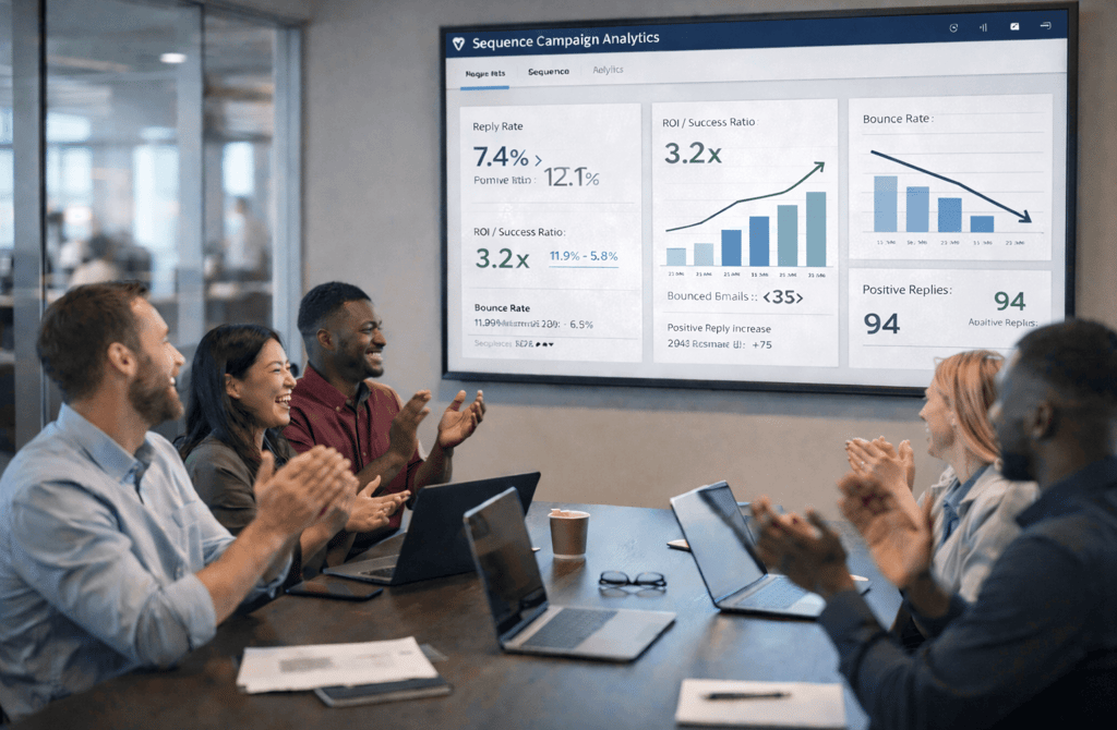 SDR team celebrating outbound ROI results shown on a presentation screen