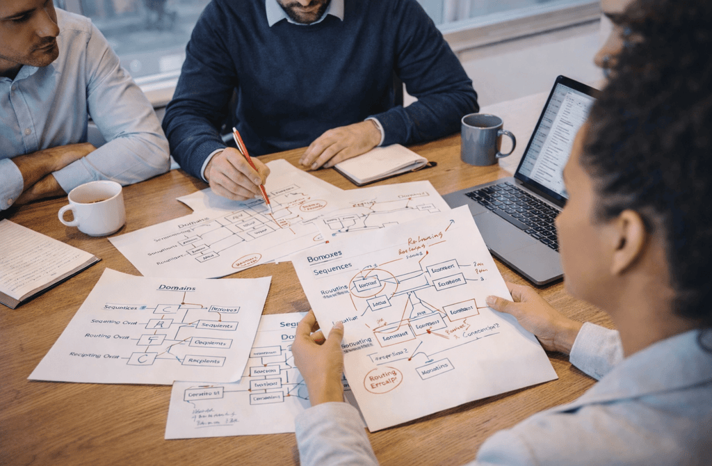 Team reviewing outbound system diagrams on table
