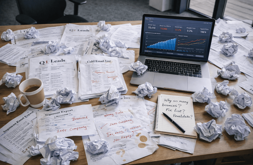 Messy founder desk with crumpled lead lists and poor campaign metrics