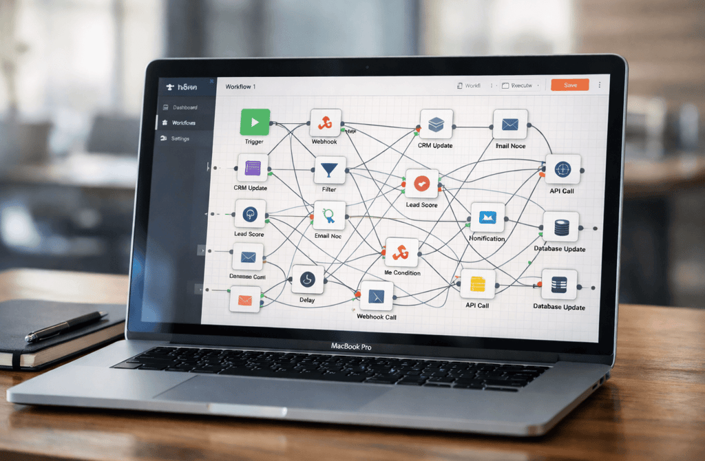 Laptop showing complex automation workflow