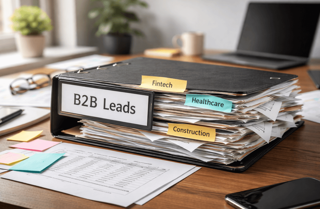 Disorganized lead binder labeled Fintech Healthcare Construction on office desk