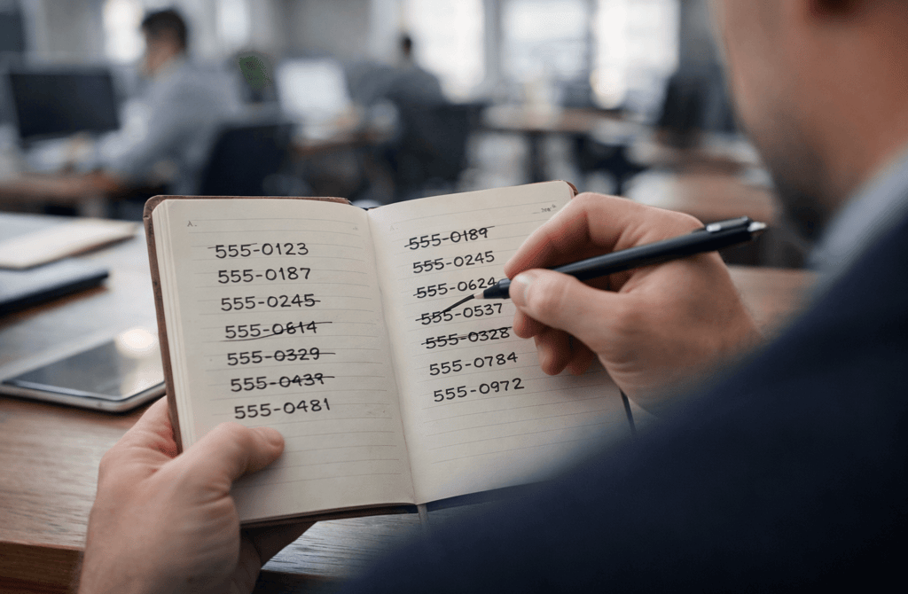 Founder crossing out outdated phone numbers in a contact notebook