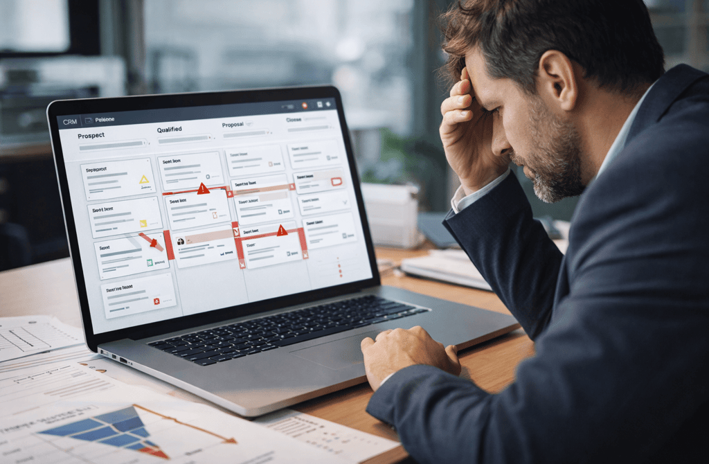 Founder reviewing a CRM pipeline showing data-related deal leaks