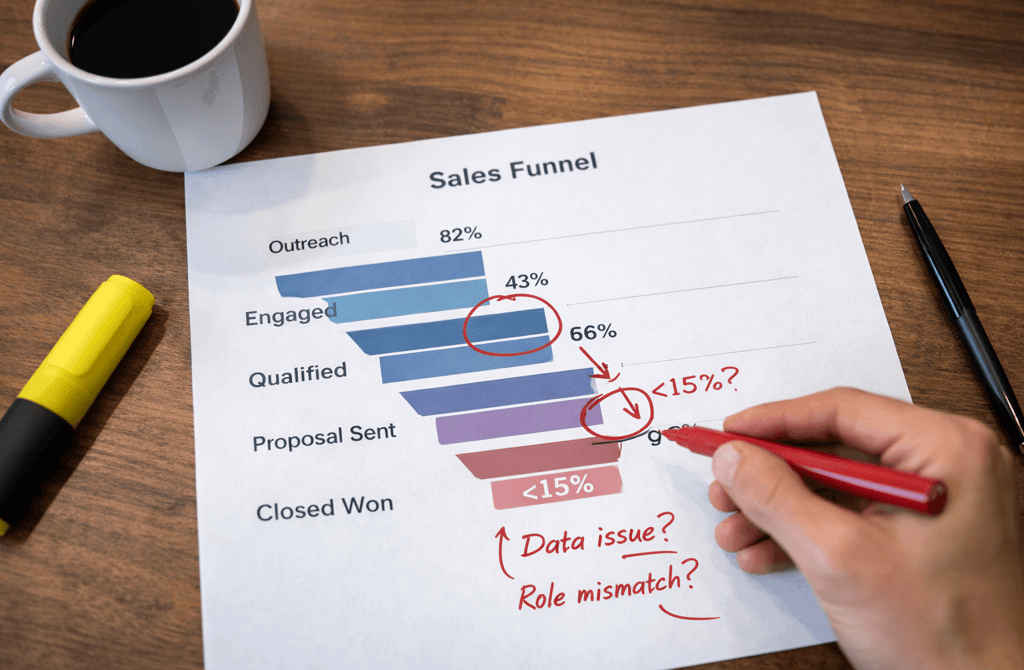 Printed sales funnel report with drop-offs circled in red