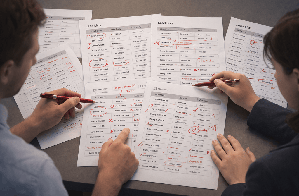SDR team reviewing poor-quality lead list with red markings