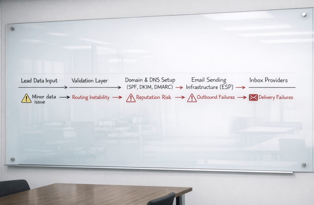 Handwritten email infrastructure diagram showing how minor data issue escalate into delivery failure