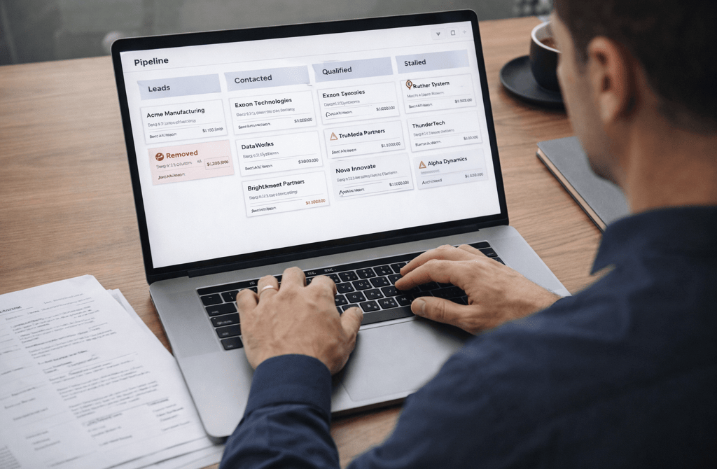 Founder reviewing and cleaning a sales pipeline on a laptop with CRM-style interface