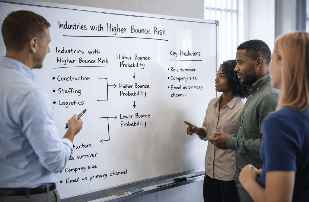 SDR team predicting email bounce risk by industry on a whiteboard