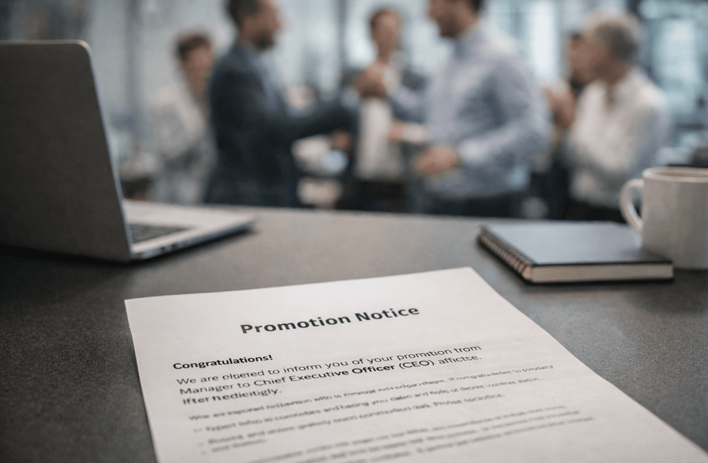 manager promotion notice with office celebration background