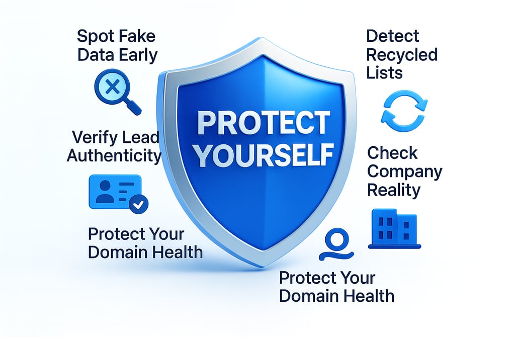 3D shield infographic showing how buyers can protect themselves from fake or recycled B2B data