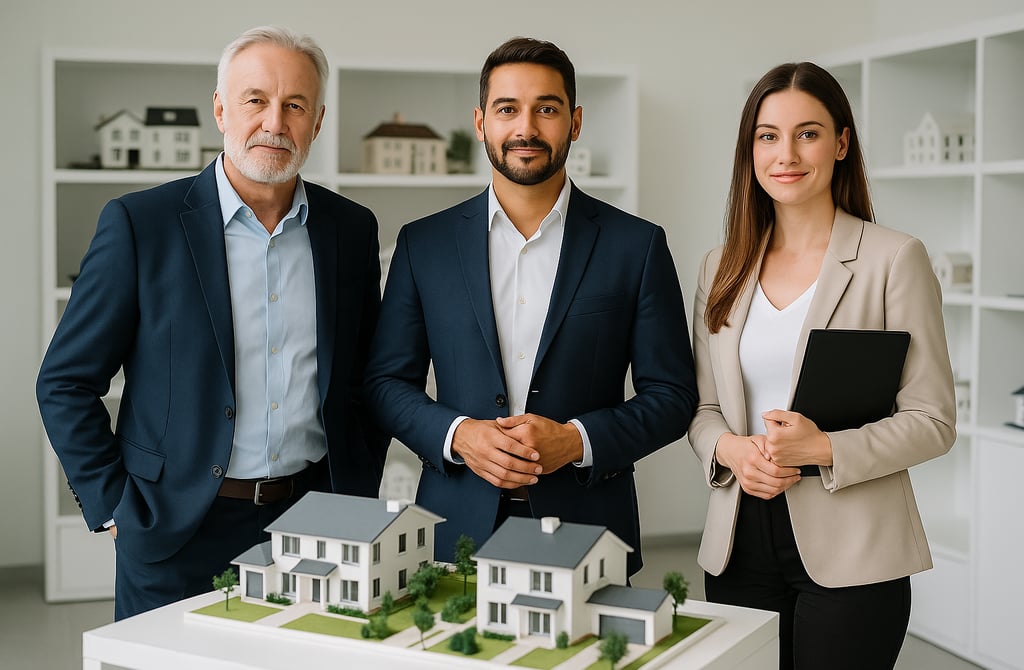 Real estate professionals standing in front of a miniature housing model inside a modern showroom.