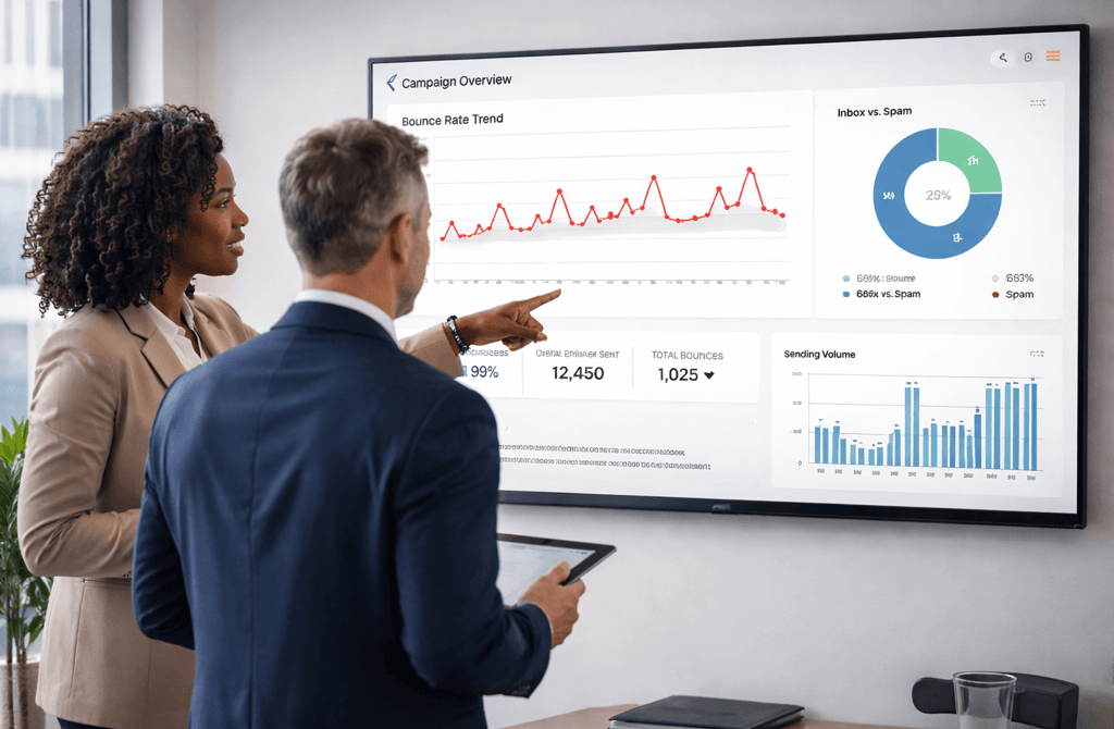Two founders reviewing email campaign bounce analytics on a large screen
