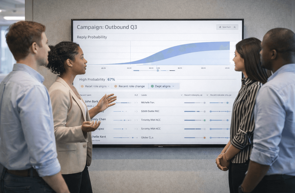 SDR team reviewing campaign reply probability on a meeting room screen