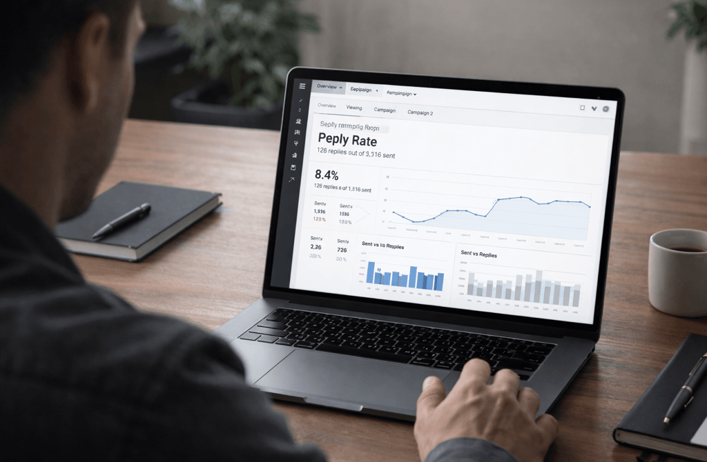 Founder reviewing reply rate analytics dashboard on laptop during cold email campaign analysis