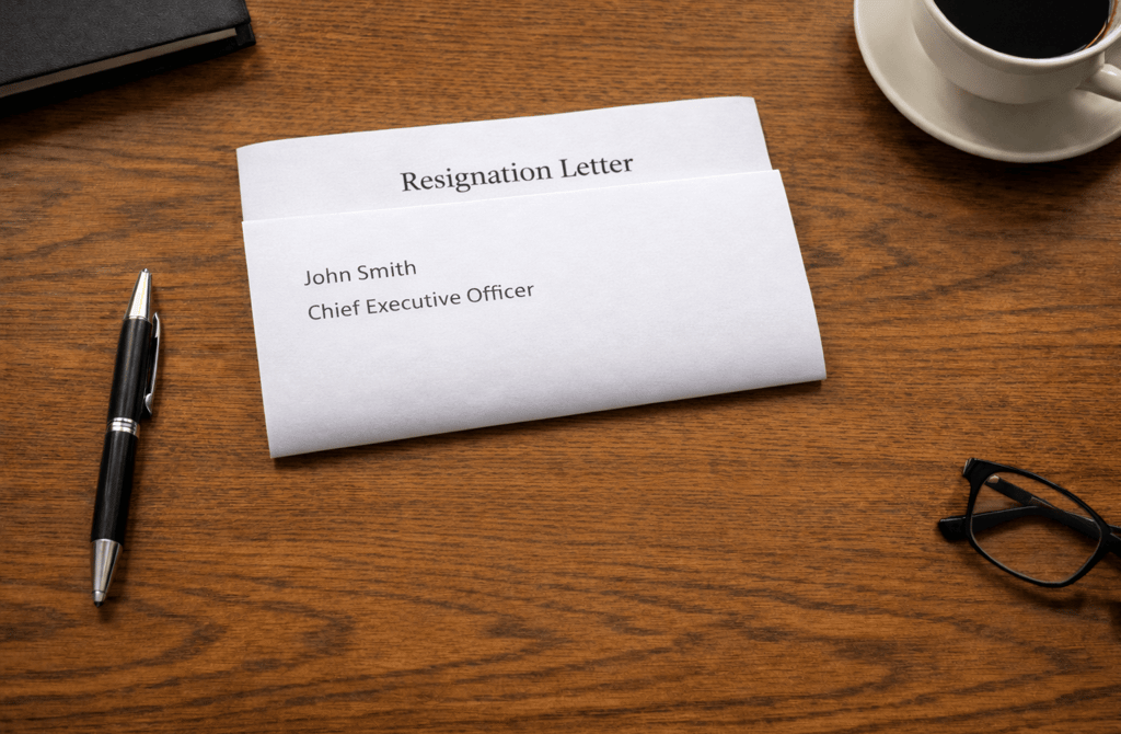 Folded resignation letter on desk