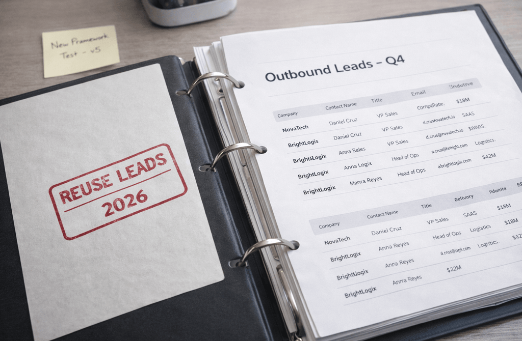 Ring binder labeled outbound leads with reuse stamp on cover