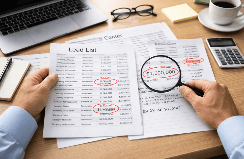 Hands reviewing a lead list with highlighted revenue figures