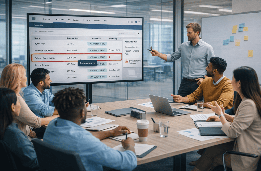 SDR team reviewing misclassified revenue causing a false ICP match on a CRM screen